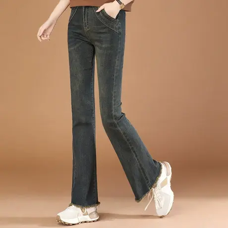 韩潮袭人复古磨白牛仔长裤女2023秋季新款休闲百搭显瘦阔腿喇叭裤商品大图