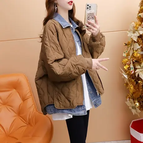 宽松假两件夹棉外套女2023年新款秋季爆款设计感拼接加厚上衣开衫商品大图