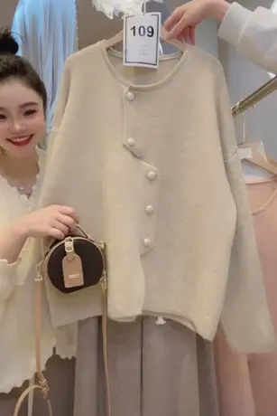 慵懒风高级感毛衣女韩版宽松百搭时尚气质不对称针织开衫外套洋气图片