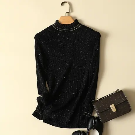 秋装2023年新款蕾丝半高领针织打底衫女亮丝别致修身毛衣显瘦上衣商品大图