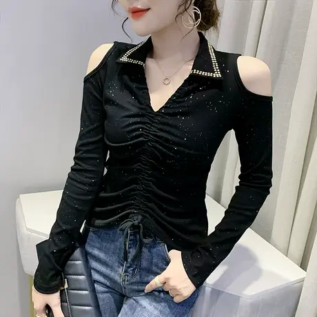 2023春秋新款小众设计感抽绳T恤女长袖性感露肩上衣紧身打底衫潮商品大图