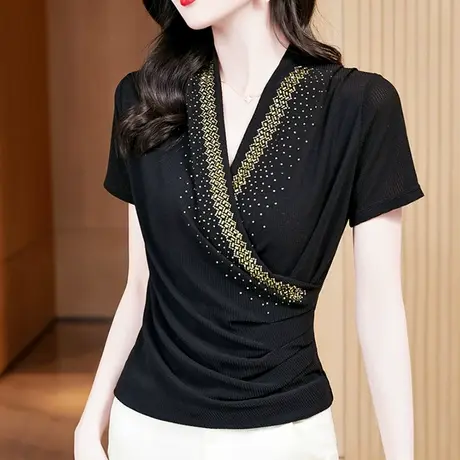 性感交叉V领短袖T恤女士夏装新款欧货洋气烫钻小衫设计感小众上衣商品大图