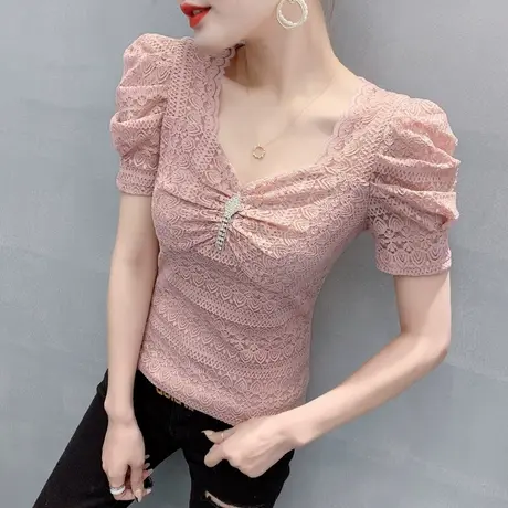 2023春夏新款性感镂空V领蕾丝衫时尚烫钻洋气上衣显瘦短袖T恤女潮图片