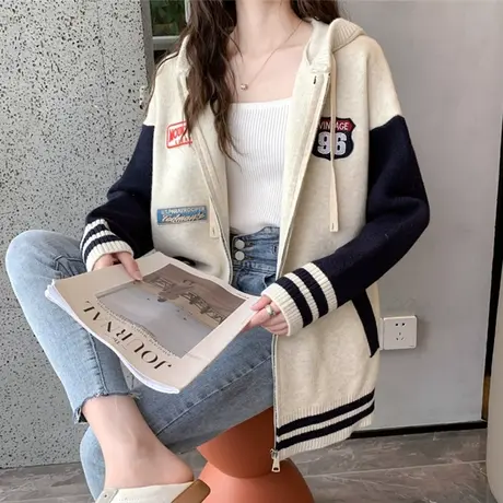 毛衣外套女连帽开衫春装2023年新款学院风拉链棒球服针织衫洋气女图片