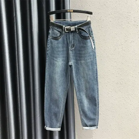 欧洲站休闲百搭牛仔萝卜裤女2023秋季新款撞色口袋高腰显瘦哈伦裤图片