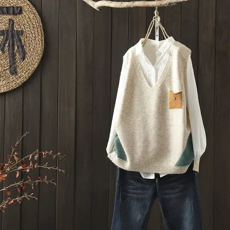 枫谜2021年秋装新款文艺简约V领针织马夹女宽松休闲坎肩无袖毛衣商品大图