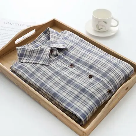 文艺柔软透气衬衫女蓝色双层纱纯棉布百搭格纹上衣长袖女春秋2021商品大图