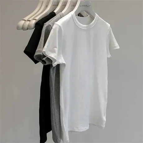 面料弹力大~上身巨显瘦~纯色螺纹修身显瘦圆领短袖针织T恤女商品大图