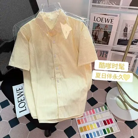 条纹港风短袖衬衫女夏季薄款宽松衬衣设计感小众法式别致独特上衣图片