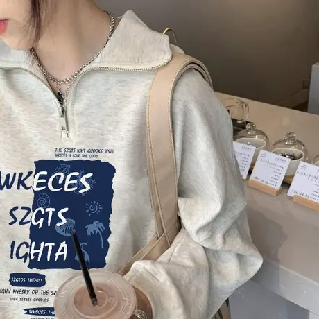 翻领学院风卫衣女春秋薄款套头宽松美式复古小众设计感长袖上衣潮图片