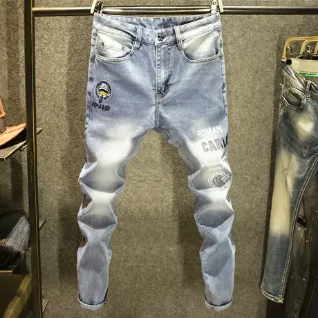 蓝灰色轻奢休闲牛仔裤男百搭修身小脚裤高端潮牌烫钻男装夏季裤子商品大图