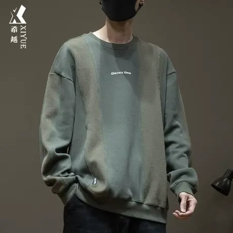 高级感拼接圆领卫衣男秋冬潮牌大码美式复古休闲加绒加厚长袖上衣商品大图