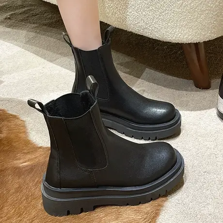 烟筒英伦风马丁靴女2023年秋季新款单靴短靴厚底中筒瘦瘦切尔西靴图片