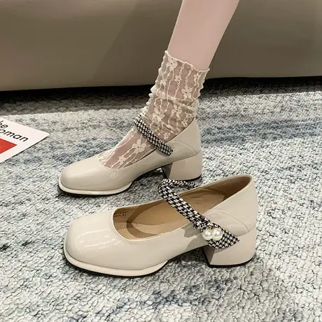 玛丽珍鞋女夏季2023新款粗跟浅口高跟单鞋配裙子显瘦英伦风小皮鞋商品大图