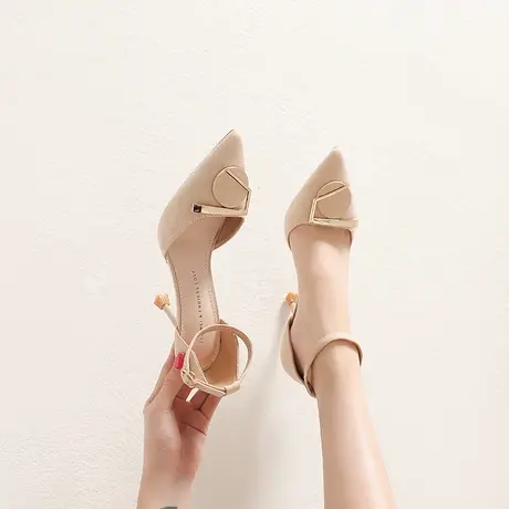 2023年新款气质尖头金属扣高跟鞋女细跟性感中空一字扣职业单鞋春商品大图
