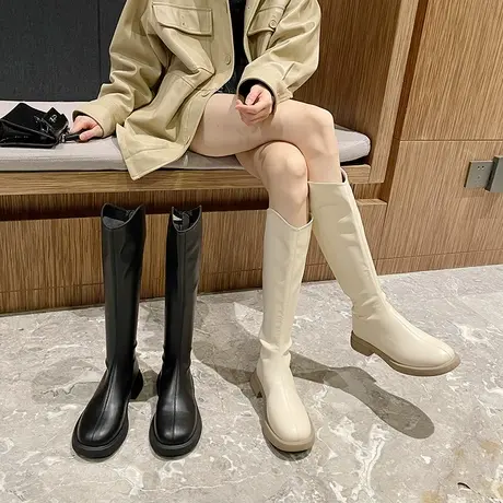 不过膝长靴女2023秋冬新款黑色粗跟方头高筒靴骑士靴小个子显瘦靴商品大图