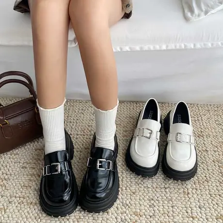 乐福鞋女2024春秋季新款懒人一脚蹬粗跟单鞋复古英伦风厚底小皮鞋商品大图
