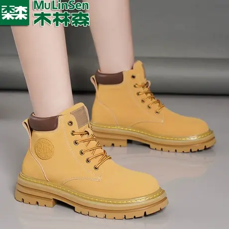 木林森真皮马丁靴女2023秋冬加绒保暖英伦风靴子高帮工装靴大黄靴图片