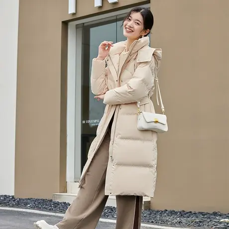 坦博尔2023年羽绒服女长款过膝韩版收腰加厚保暖可脱卸帽外套冬图片