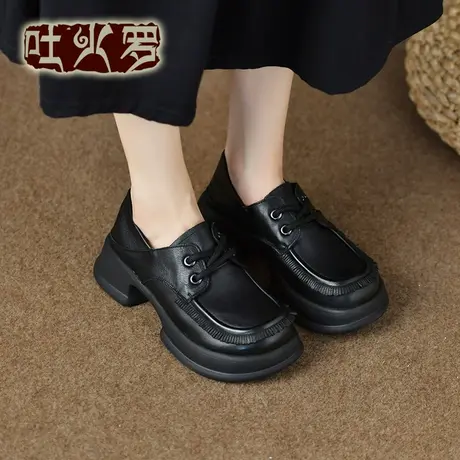 Tokharoi女鞋秋季简约圆头方跟系带舒适牛皮女单鞋休闲百搭小皮鞋商品大图