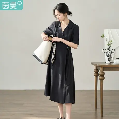 【线下同款】茵曼通勤优雅连衣裙2023夏女装新款V领收腰短袖裙子商品大图