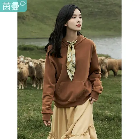 茵曼2023冬女装新款田园复古百搭花卉系带宽松连帽套头卫衣上衣图片