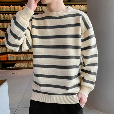 圆领毛衣男秋冬季新款潮牌宽松加厚保暖毛线衣男士条纹打底针织衫商品大图