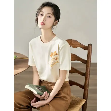 【商场同款】茵曼宽松短袖圆领T恤2023夏季女装新款小众设计上衣商品大图