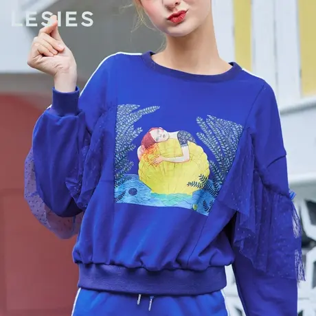 蓝色倾情春夏季女装新款 卫衣宽松bf慵懒风圆领网纱长袖针织卫衣图片