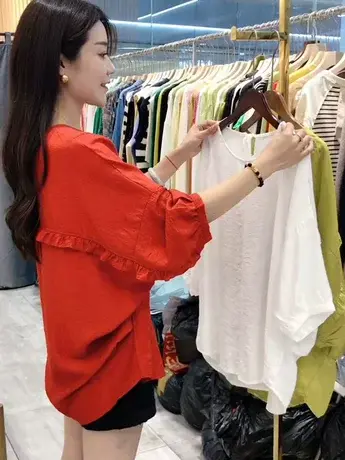 小众设计感圆领衬衫女2023夏新款慵懒风宽松休闲中袖上衣遮肚衬衣图片