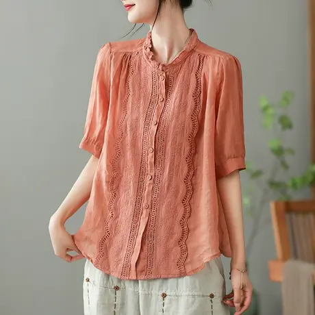 dza 复古镂空苎麻女士衬衫2023夏季短袖衬衣气质漂亮棉麻开衫上衣商品大图