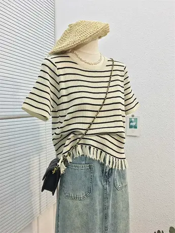春夏新款流苏条纹圆领短袖针织衫女洋气2023时尚韩版套头百搭上衣商品大图