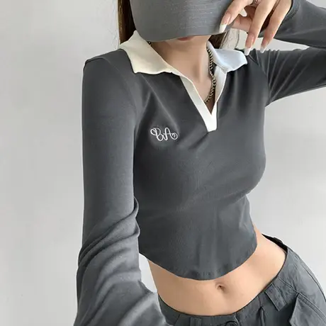 初秋季撞色POLO翻领刺绣长袖T恤女春秋打底衫新款独特别致小上衣图片