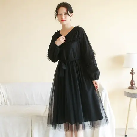 胖妹妹秋季2023新品网纱重工显瘦连衣裙 大码微胖V领仙气飘逸长裙商品大图