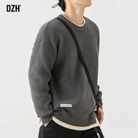 男士灰色假两件毛衣男冬季圆领华夫格上衣加厚针织衫外套2023新款商品大图