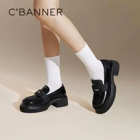 千百度漆皮厚底乐福鞋女款春季新款深口经典复古学院风小皮鞋百搭图片