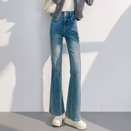 丽洁两粒扣喇叭牛仔裤女春季新款裤子弹力修身显瘦微喇裤休闲长裤图片