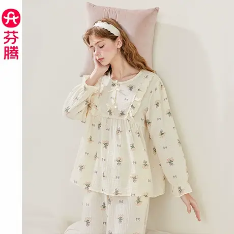 芬腾长袖睡衣女士春秋款纯棉圆领套装女款宽松休闲大码全棉家居服商品大图