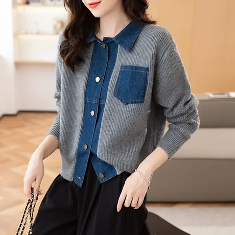 2023秋冬新款韩版宽松牛仔拼接针织衫开衫毛衣外套长袖口袋上衣女商品大图