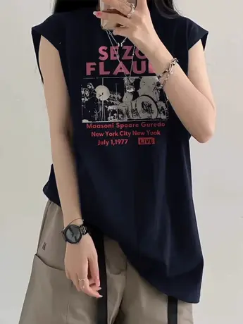 美式复古纯棉吊带坎肩背心无袖t恤女夏季外穿中长款宽松挂脖上衣图片