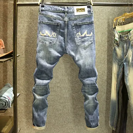 高端面料牛仔裤男士秋冬款修身小脚裤高级感水洗时尚青年潮流长裤商品大图