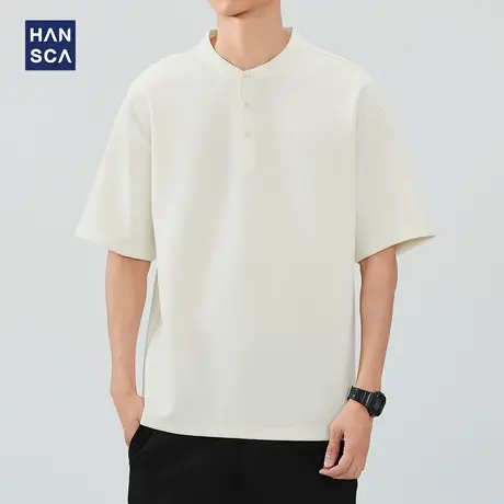 hansca肌理感简约亨利领短袖polo衫男款2025新款夏季宽松透气t恤商品大图