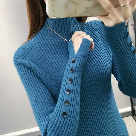 半高领黑色针织打底衫女纯色内搭秋冬新款修身长袖上衣紧身毛衣潮商品大图