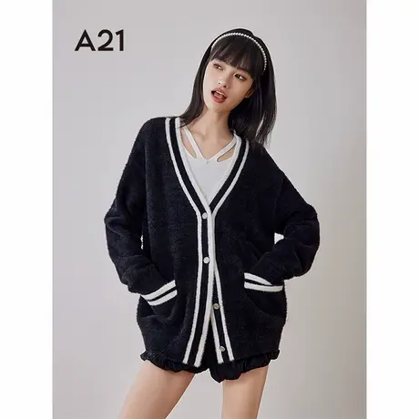 A21女装2024新款V领毛织外套百搭休闲撞色小香风水貂毛绒感开衫商品大图