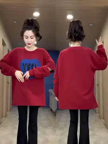 爱心印花字母烫钻卫衣女秋季新款拉链口袋长袖宽松休闲中长款上衣图片