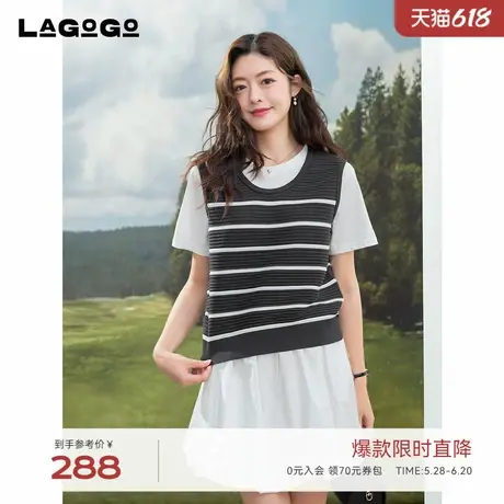 LAGOGO海军风T恤假两件拉谷谷2025夏季新款拼接设计感条纹上衣女商品大图