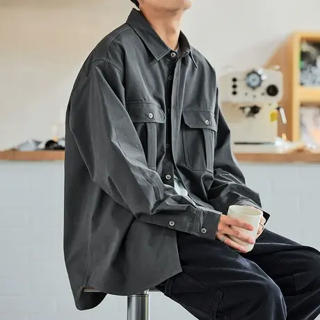 唐狮春秋季新款工装长袖衬衫男士港风日系休闲宽松衬衣外套潮复古图片