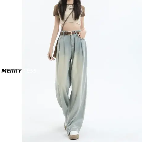 怀旧蓝色阔腿牛仔裤女夏季薄款2023年新款褶皱垂感拖地百搭直筒裤商品大图