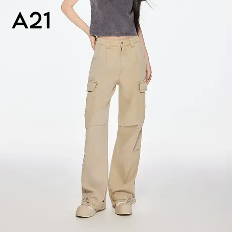 A21女装口袋工装休闲裤2025夏新款简约长裤宽松阔腿裤F452216015图片