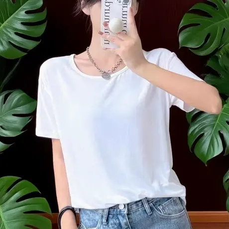 莫代尔宽松短袖T恤女2025新款夏季大圆领大码百搭冰丝面膜上衣潮图片